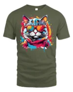 Cool Neon Cat Sunglasses Streetwear T-Shirt - military green t-shirt on white background