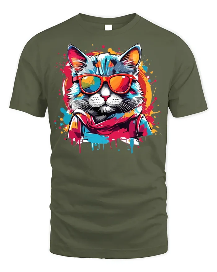 Cool Neon Cat Sunglasses Streetwear T-Shirt - military green t-shirt on white background