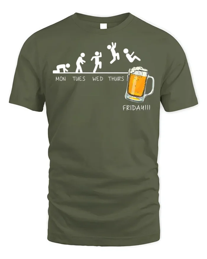 Funny Beer Friday Evolution Drinking T-Shirt - military green t-shirt on white background