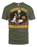 Riding Into Halloween Skeleton Scooter T-Shirt - military green t-shirt on white background