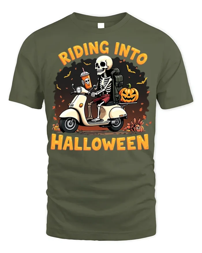 Riding Into Halloween Skeleton Scooter T-Shirt - military green t-shirt on white background