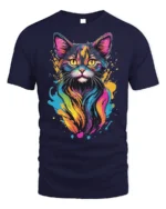 Colorful Neon Cat Art Print Graphic T-Shirt - navy t-shirt on white background