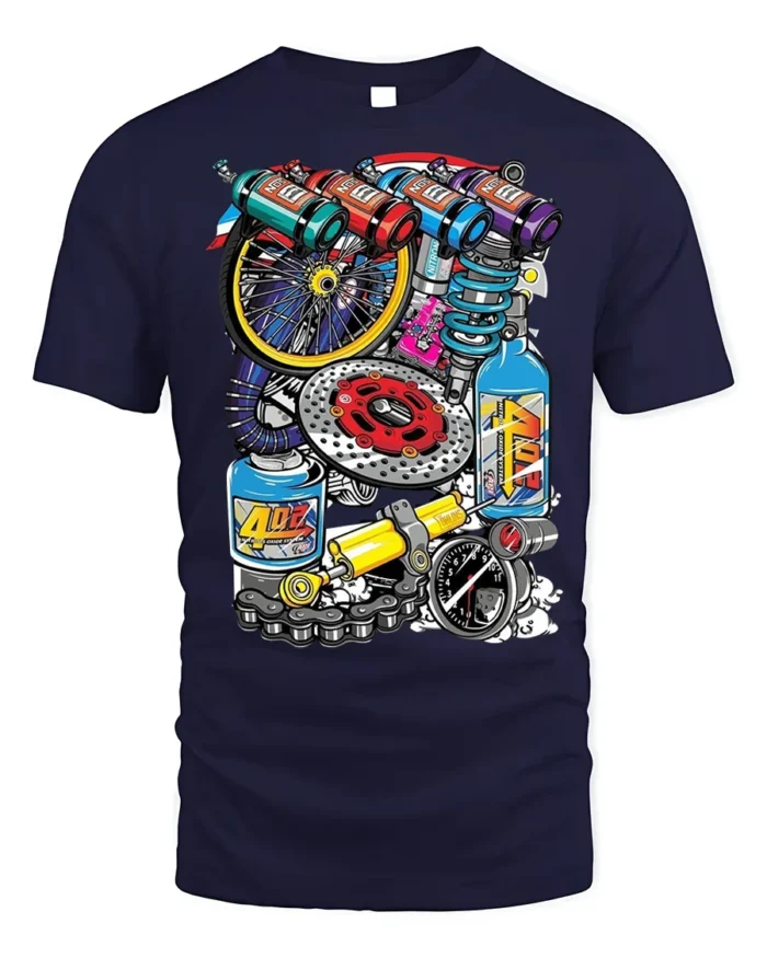 Colorful Racing Engine Parts Graphic T-Shirt - navy t-shirt on white background