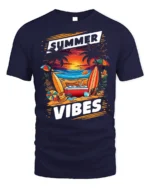 Summer Vibes Beach Sunset Surfing T-Shirt - navy t-shirt on white background