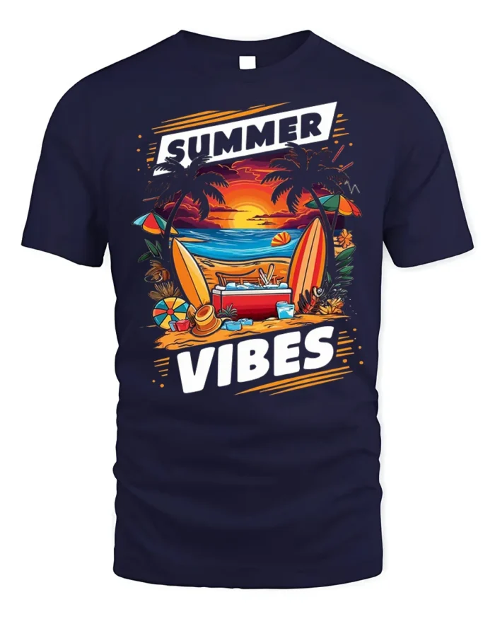 Summer Vibes Beach Sunset Surfing T-Shirt - navy t-shirt on white background