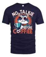 No Talkie Before Coffee Funny Cat T-Shirt - navy t-shirt on white background