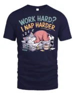 Work Hard Nap Harder Funny Lazy Cat T-Shirt - navy t-shirt on white background