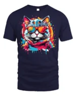 Cool Neon Cat Sunglasses Streetwear T-Shirt - navy t-shirt on white background