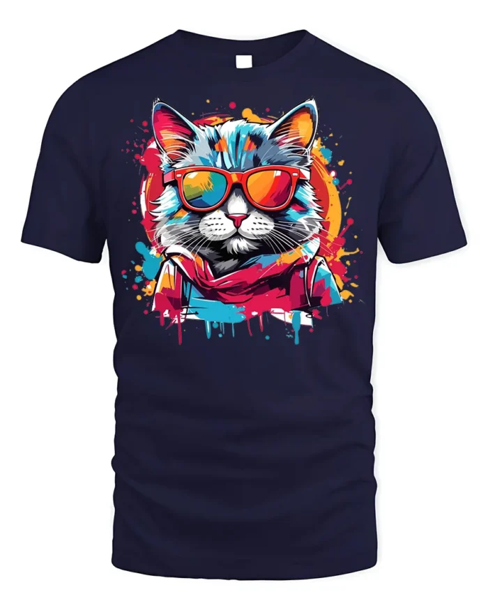 Cool Neon Cat Sunglasses Streetwear T-Shirt - navy t-shirt on white background
