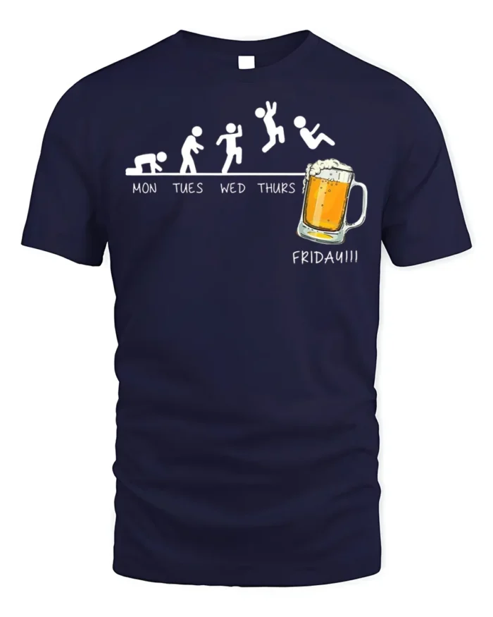 Funny Beer Friday Evolution Drinking T-Shirt - navy t-shirt on white background