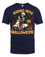 Riding Into Halloween Skeleton Scooter T-Shirt - navy t-shirt on white background