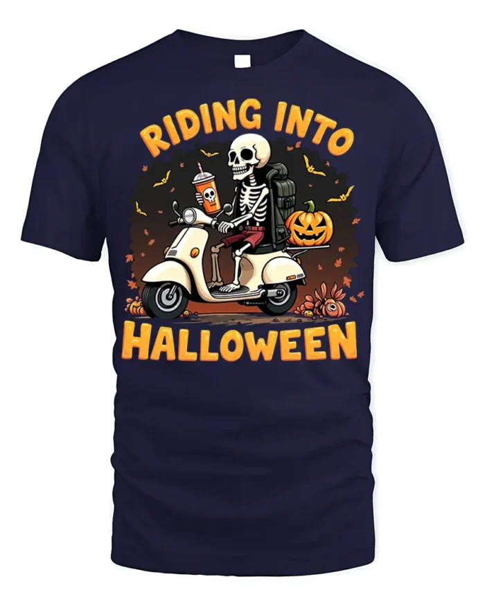 Riding Into Halloween Skeleton Scooter T-Shirt - navy t-shirt on white background