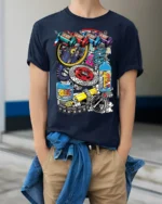 Colorful Racing Engine Parts Graphic T-Shirt - model wearing navy shirt, hands in pockets