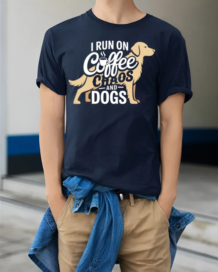 Funny Coffee Chaos and Dogs Lover T-Shirt - model wearing navy shirt, hands in pockets