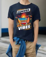 Summer Vibes Beach Sunset Surfing T-Shirt - model wearing navy shirt, hands in pockets