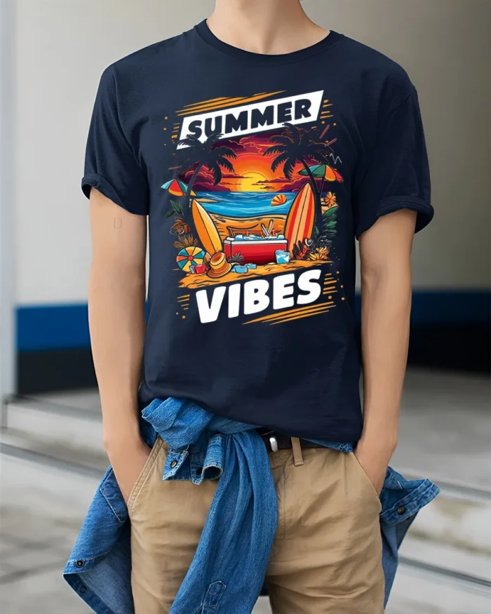 Summer Vibes Beach Sunset Surfing T-Shirt - model wearing navy shirt, hands in pockets