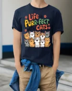 Life Is Purr-Fect With Cats Funny Graphic T-Shirt - model wearing navy shirt, hands in pockets