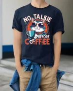 No Talkie Before Coffee Funny Cat T-Shirt - model wearing navy shirt, hands in pockets