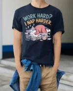 Work Hard Nap Harder Funny Lazy Cat T-Shirt - model wearing navy shirt, hands in pockets