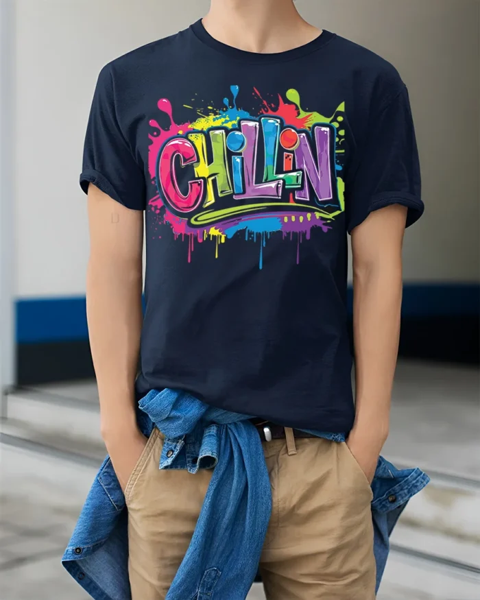 Colorful Chillin Graffiti Streetwear T-Shirt - model wearing navy shirt, hands in pockets