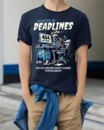 Haunted By Deadlines Funny Skeleton T-Shirt - model wearing navy shirt, hands in pockets