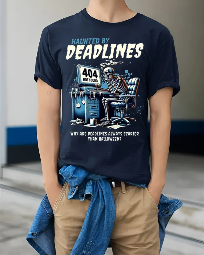 Haunted By Deadlines Funny Skeleton T-Shirt - model wearing navy shirt, hands in pockets