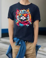 Cool Neon Cat Sunglasses Streetwear T-Shirt - model wearing navy shirt, hands in pockets