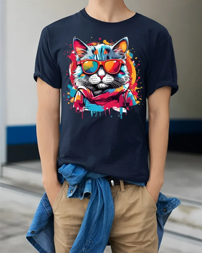 Cool Neon Cat Sunglasses Streetwear T-Shirt - model wearing navy shirt, hands in pockets