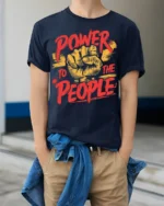 Power To The People Raised Fist Graphic T-Shirt - model wearing navy shirt, hands in pockets
