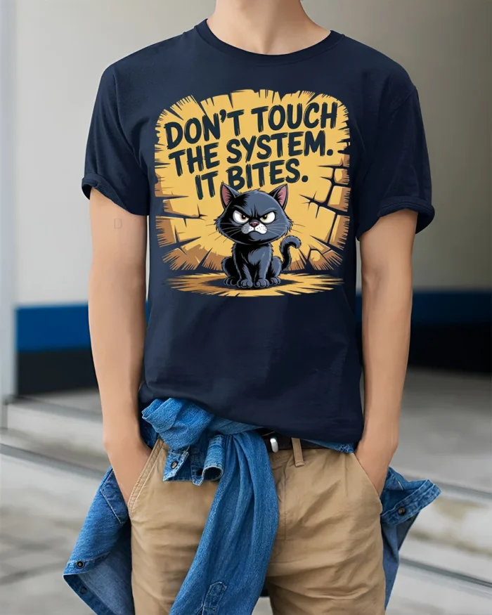 Funny Angry Cat Don’t Touch System T-Shirt - model wearing navy shirt, hands in pockets