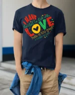 Inspirational Love Over Hate Quote T-Shirt - model wearing navy shirt, hands in pockets