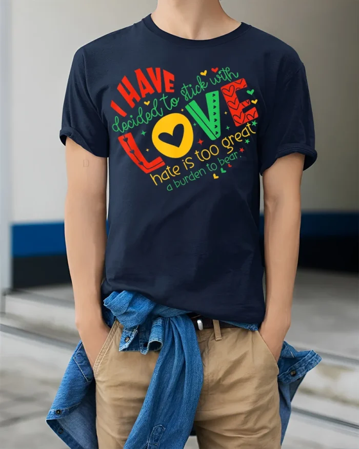 Inspirational Love Over Hate Quote T-Shirt - model wearing navy shirt, hands in pockets
