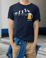 Funny Beer Friday Evolution Drinking T-Shirt - model wearing navy shirt, hands in pockets