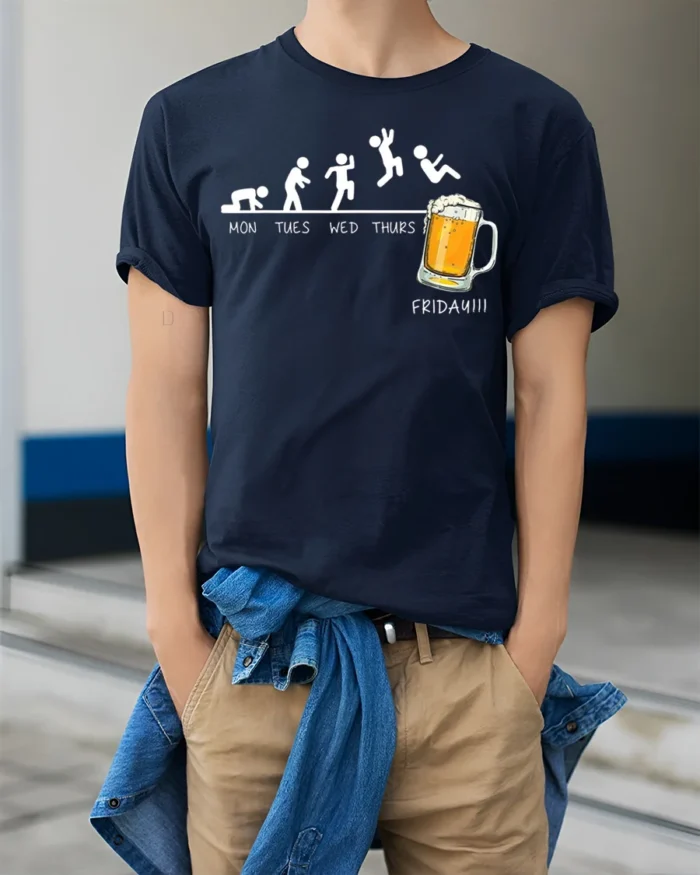 Funny Beer Friday Evolution Drinking T-Shirt - model wearing navy shirt, hands in pockets