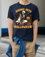 Riding Into Halloween Skeleton Scooter T-Shirt - model wearing navy shirt, hands in pockets