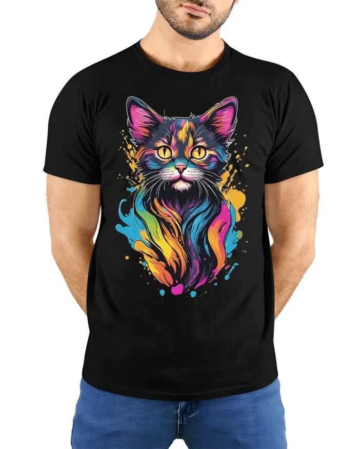 Colorful Neon Cat Art Print Graphic T-Shirt - model wearing black shirt, hands behind back