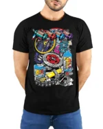 Colorful Racing Engine Parts Graphic T-Shirt - model wearing black shirt, hands behind back