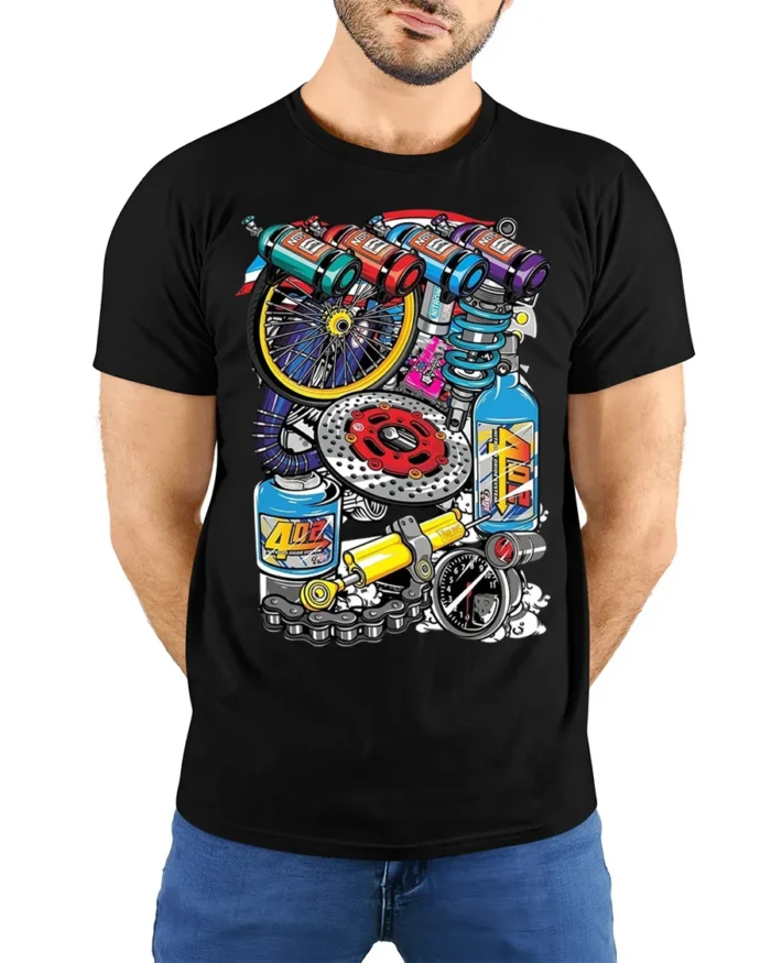 Colorful Racing Engine Parts Graphic T-Shirt - model wearing black shirt, hands behind back