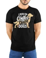 Funny Coffee Chaos and Dogs Lover T-Shirt - model wearing black shirt, hands behind back