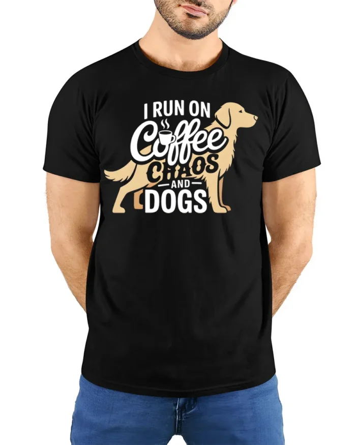 Funny Coffee Chaos and Dogs Lover T-Shirt - model wearing black shirt, hands behind back