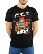 Summer Vibes Beach Sunset Surfing T-Shirt - model wearing black shirt, hands behind back