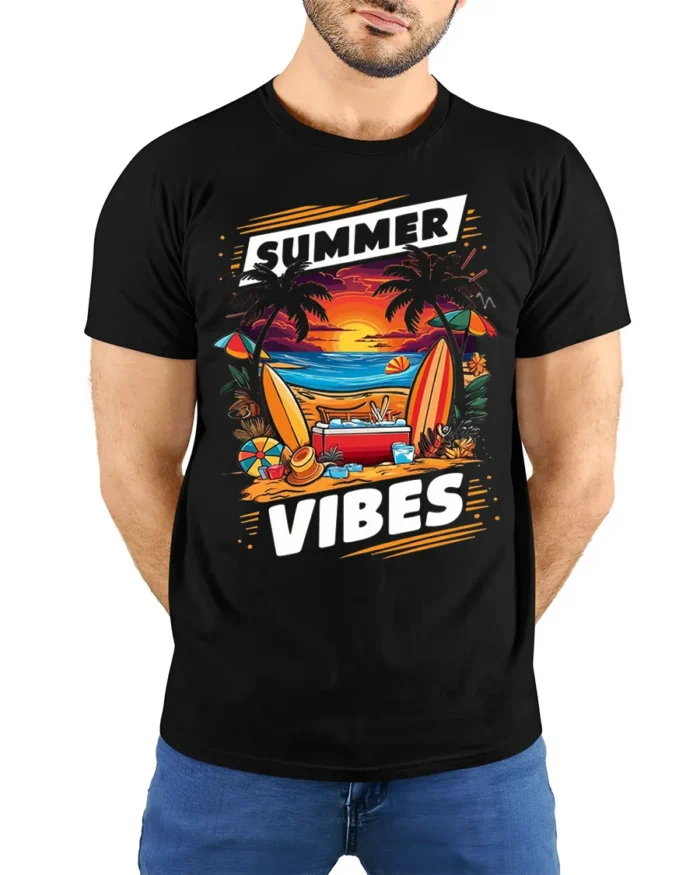 Summer Vibes Beach Sunset Surfing T-Shirt - model wearing black shirt, hands behind back