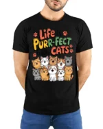Life Is Purr-Fect With Cats Funny Graphic T-Shirt - model wearing black shirt, hands behind back