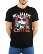 No Talkie Before Coffee Funny Cat T-Shirt - model wearing black shirt, hands behind back