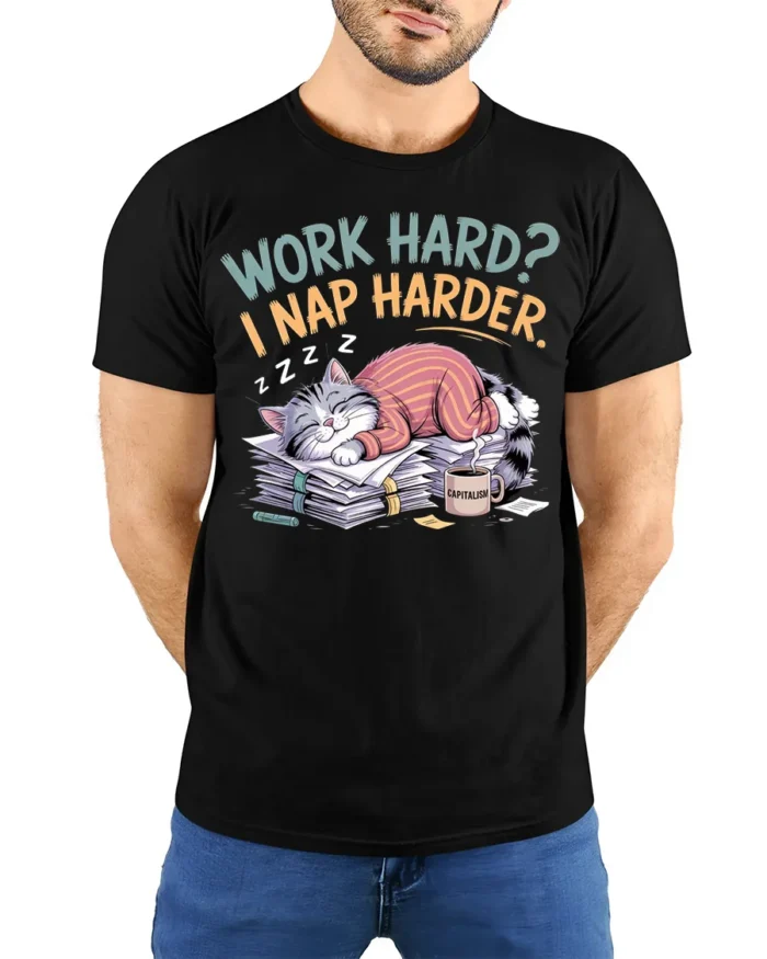 Work Hard Nap Harder Funny Lazy Cat T-Shirt - model wearing black shirt, hands behind back