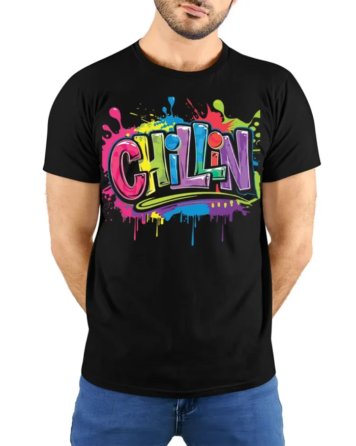 Colorful Chillin Graffiti Streetwear T-Shirt - model wearing black shirt, hands behind back