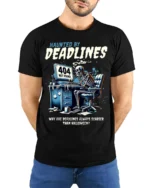 Haunted By Deadlines Funny Skeleton T-Shirt - model wearing black shirt, hands behind back