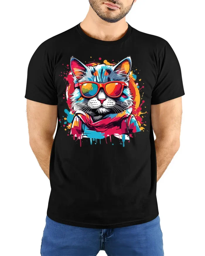 Cool Neon Cat Sunglasses Streetwear T-Shirt - model wearing black shirt, hands behind back