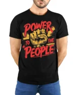 Power To The People Raised Fist Graphic T-Shirt - model wearing black shirt, hands behind back
