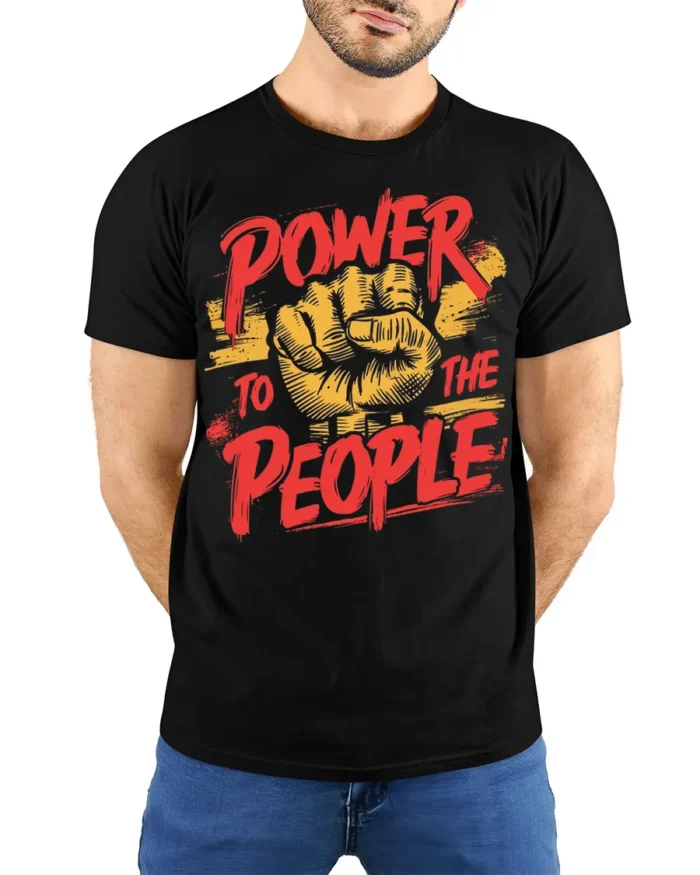 Power To The People Raised Fist Graphic T-Shirt - model wearing black shirt, hands behind back